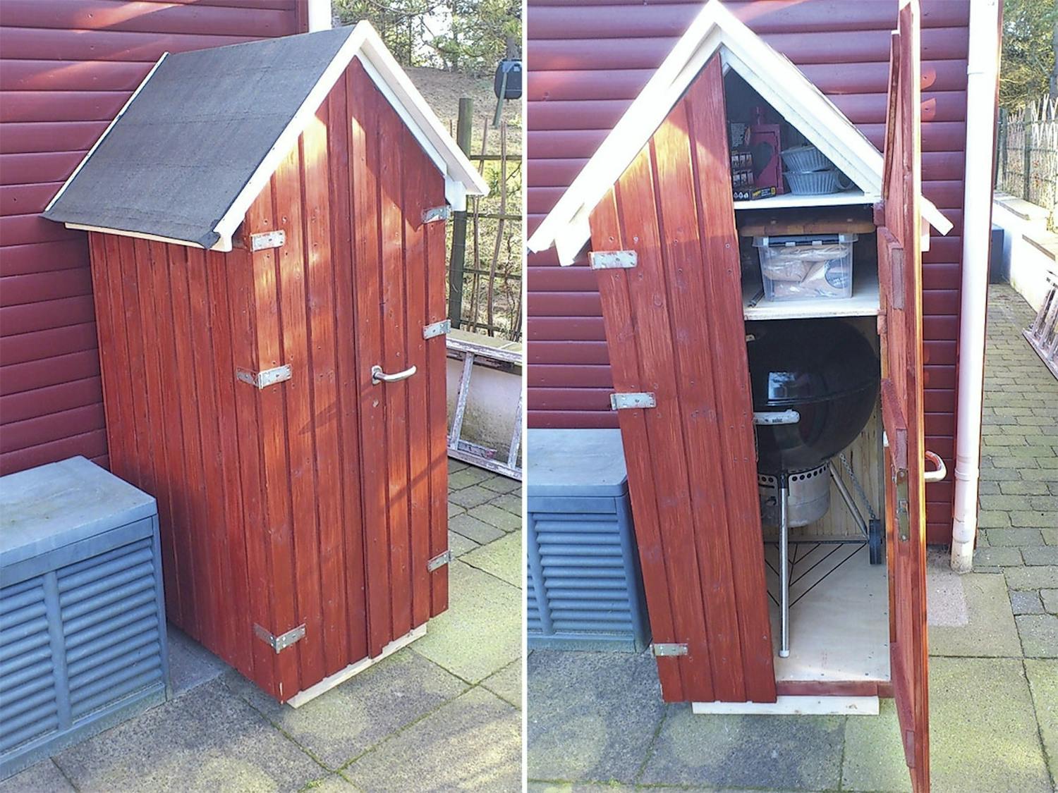 Et praktisk lille hus med alt grilludstyr samlet på ét sted. skur grill